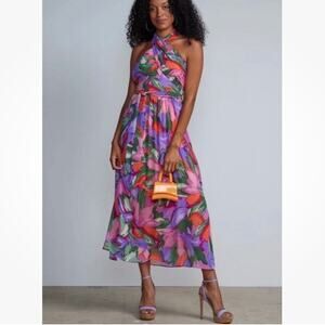 London Times Petites Floral Halter Maxi Dress Sz 8P Multicolor Chiffon Waist Tie